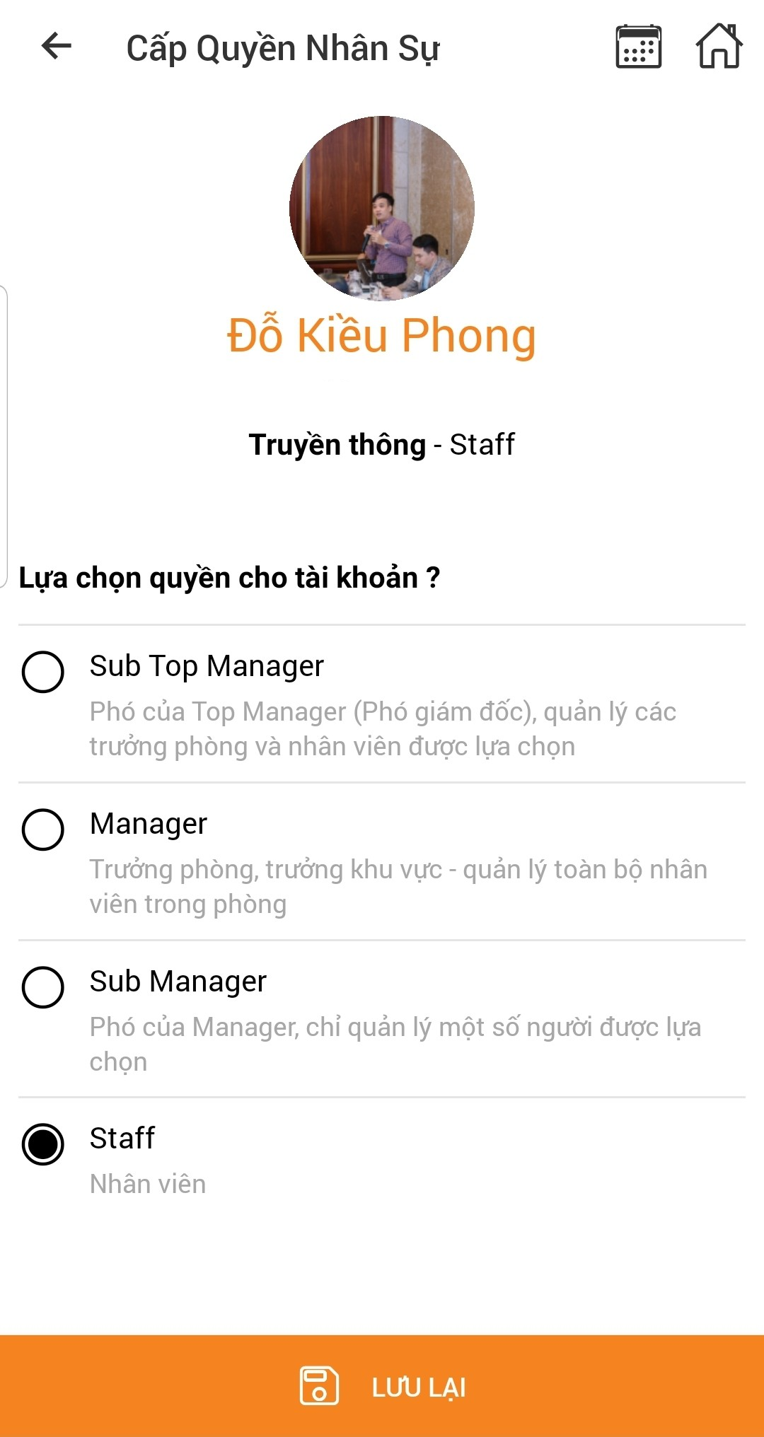 chon quyen quan ly nhan su tren mobile app