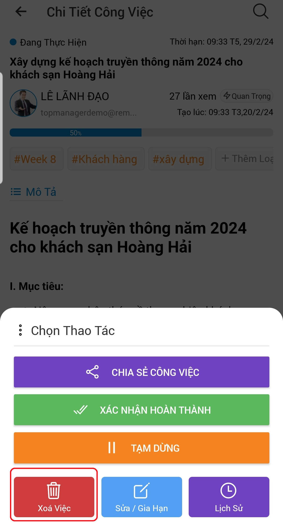 xoa cong viec tren mobile app