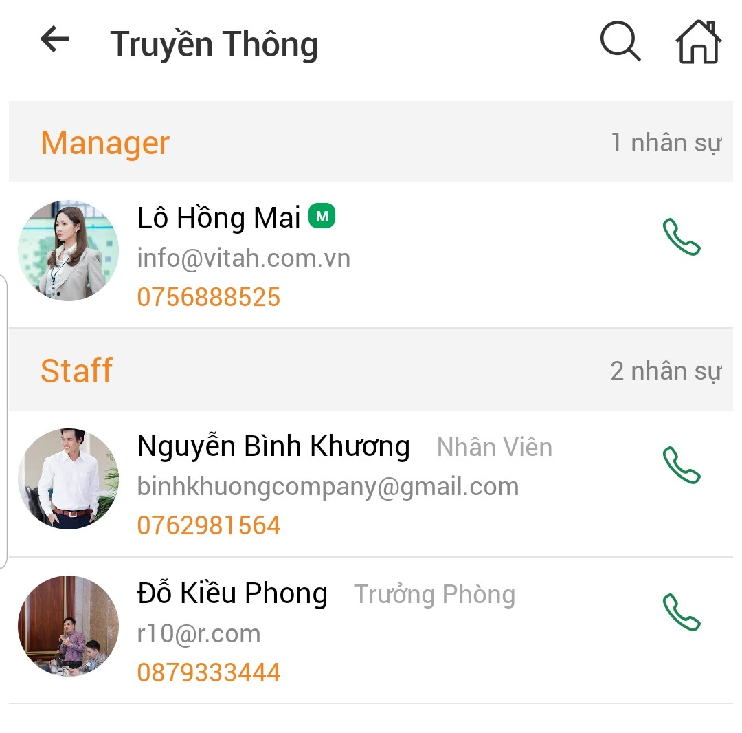 xem danh sach nhan su bo phan tren mobile app